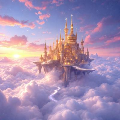 Primary subject: A castle in the clouds.
Setting/background: A cloudy sky.
Visual style: Digital art.
Colors and mood: The image is colorful and whimsical, with a sense of fantasy and adventure.